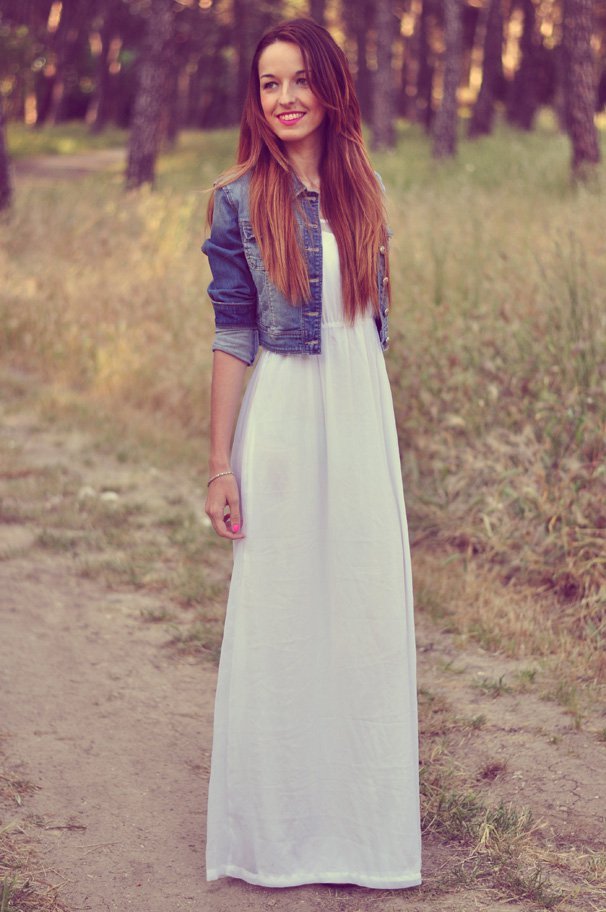 White Maxi Dress With Denim Jacket